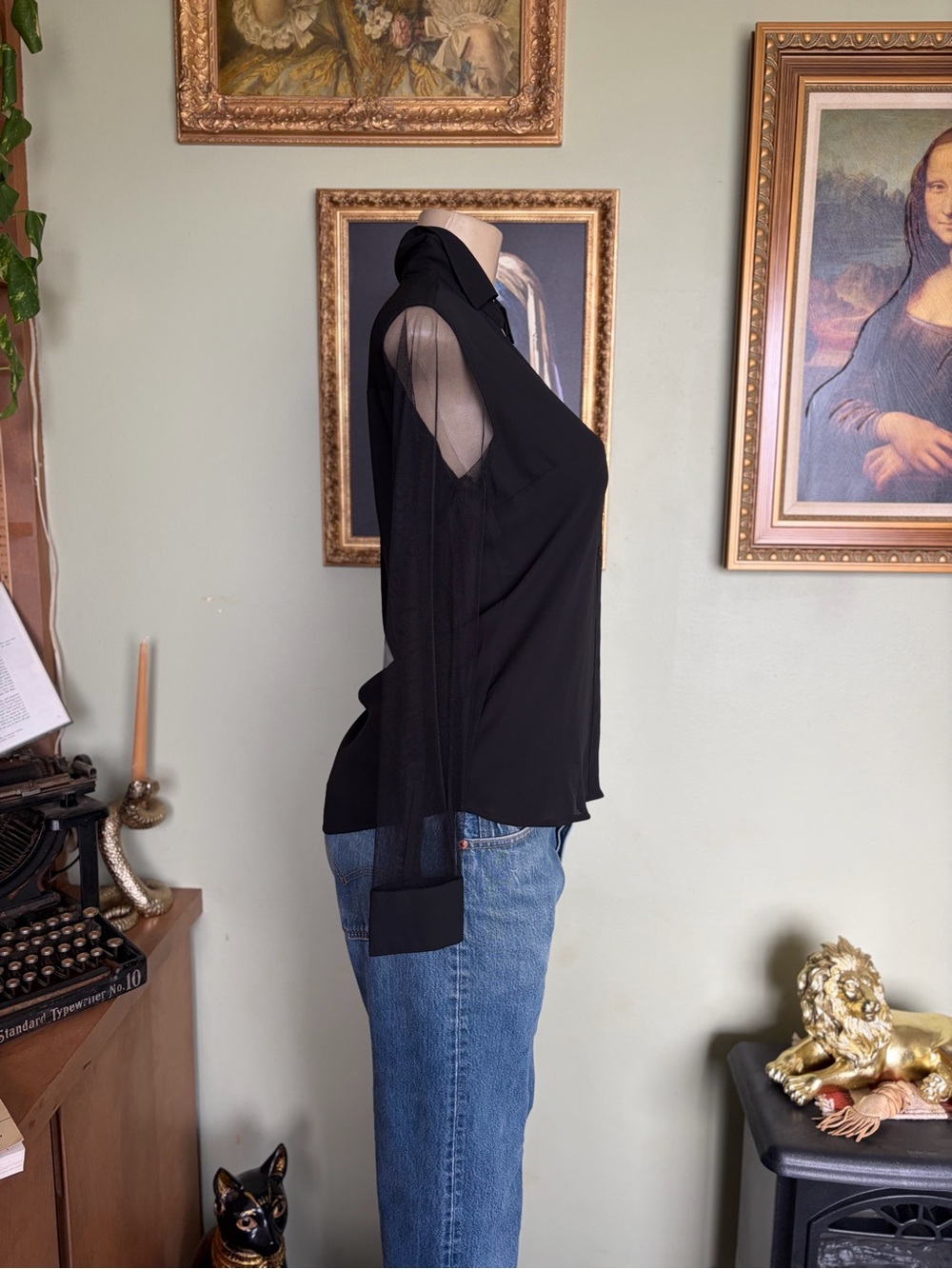 Express Black Portofino Button-Down Top with Sheer Sleeves Size XS Slim-Flit - Picture 10 of 15